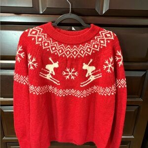H&M Red and Cream Skiing Snowflake Crewneck Sweater